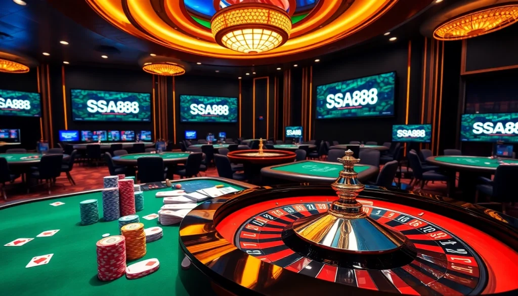 Engaging casino atmosphere with SA88 branding, vibrant tables, and stylish chips for an enhanced gambling experience.