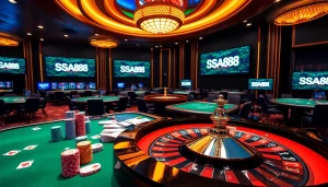 Engaging casino atmosphere with SA88 branding, vibrant tables, and stylish chips for an enhanced gambling experience.