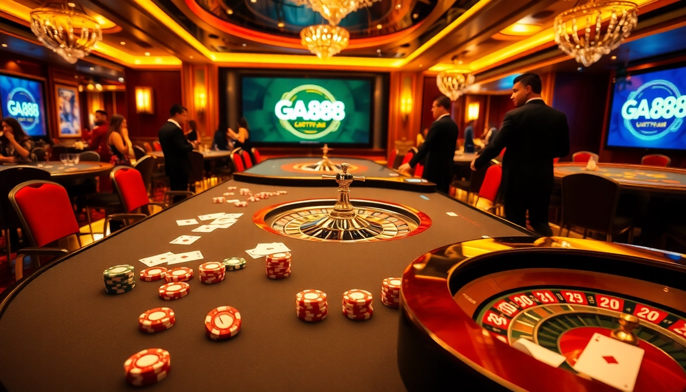 Experience the excitement of GA888 with a luxurious casino table scene showcasing poker chips and a roulette wheel.