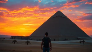 A breathtaking sunset view of the Giza pyramid, highlighting its unique features amidst the serene desert.