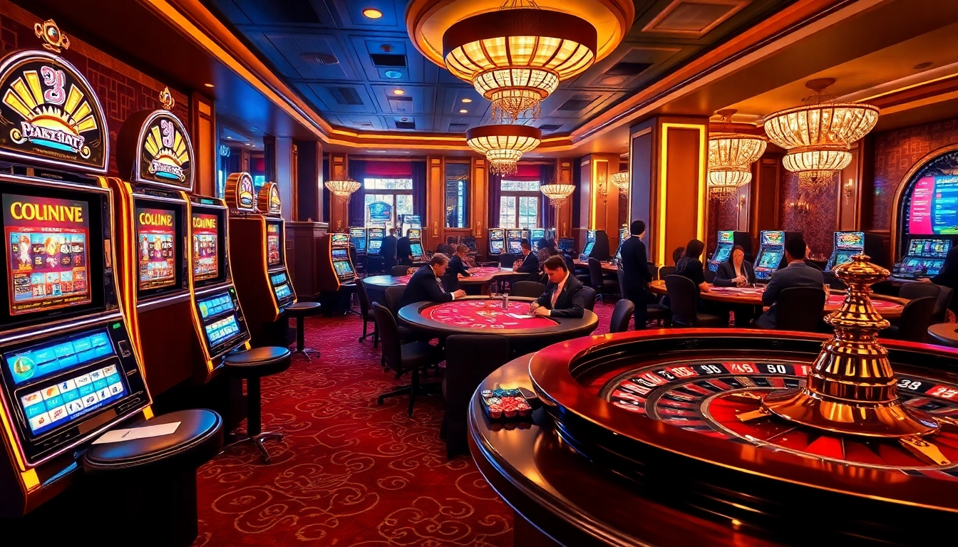 Enjoy thrilling gameplay at slot88 with a vibrant casino scene featuring engaging slot machines and polished poker tables.