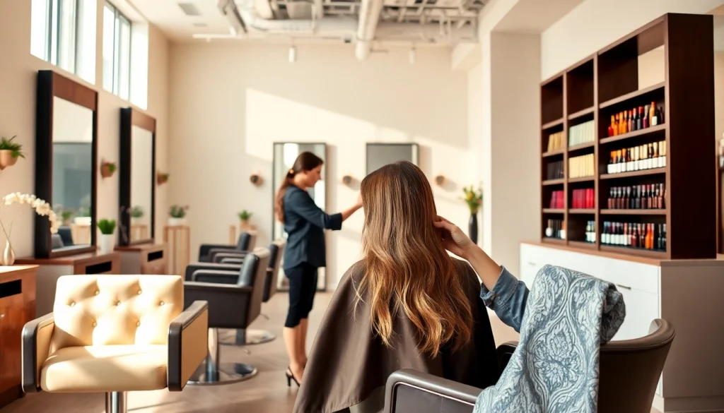 Hair salons San Diego interior with elegant decor, showcasing skilled stylist giving a haircut in a warm atmosphere.