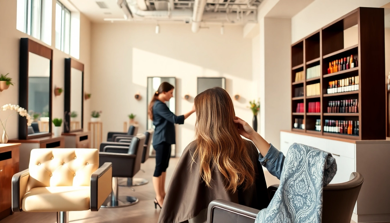 Hair salons San Diego interior with elegant decor, showcasing skilled stylist giving a haircut in a warm atmosphere.
