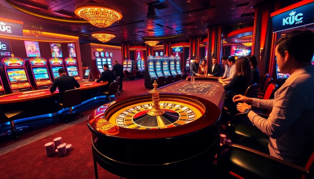 KJC-themed casino showcasing vibrant games with roulette, poker chips, and excited players.