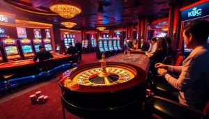 KJC-themed casino showcasing vibrant games with roulette, poker chips, and excited players.