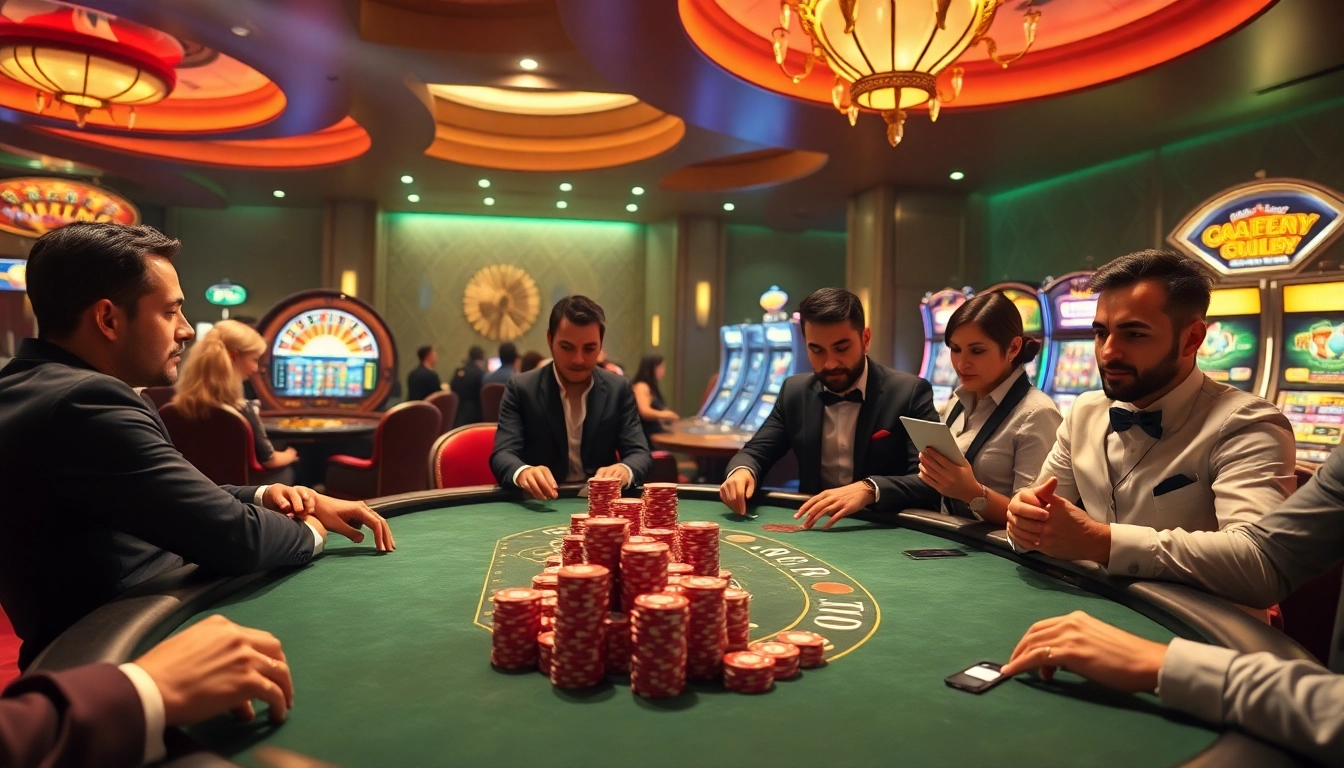 Experience the thrill of GK88 with players at a luxurious poker table filled with vibrant chips and cards.