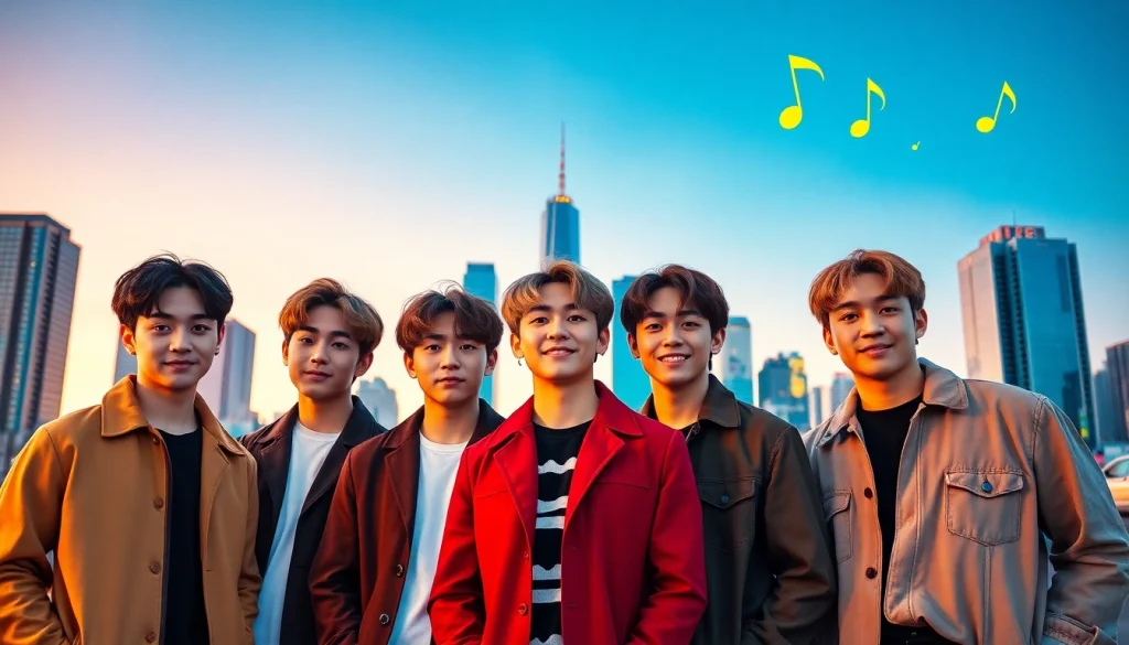 BTS members posing confidently in a vibrant urban setting, showcasing their unique styles.