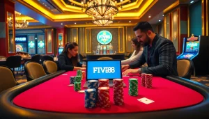 Engage with gambling action at FIVE 88's lively poker table featuring vibrant chips and cards.