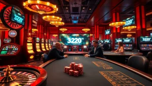 Engaging casino scene showcasing https://32win.capital with vibrant roulette wheel and lively poker table.