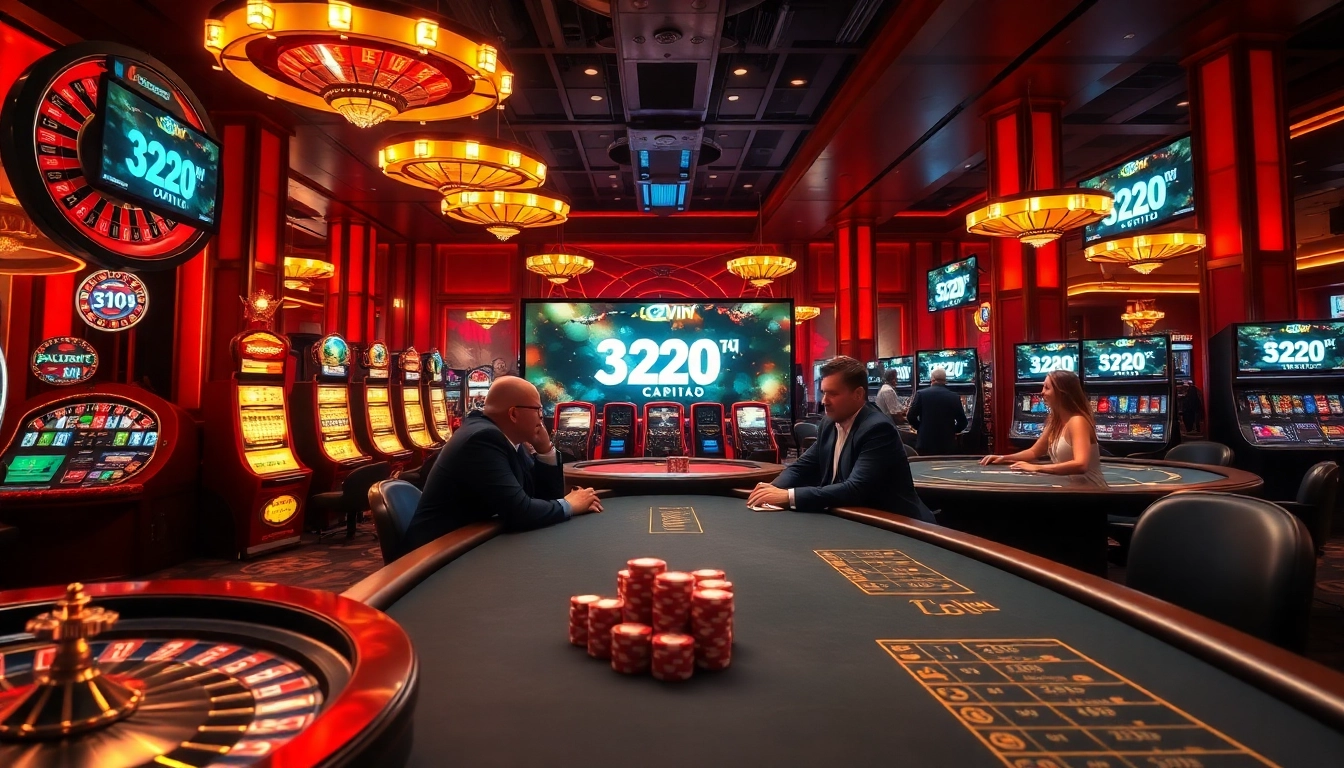 Engaging casino scene showcasing https://32win.capital with vibrant roulette wheel and lively poker table.