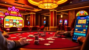 SODO Casino scene with high-stakes poker action and modern slot machines.