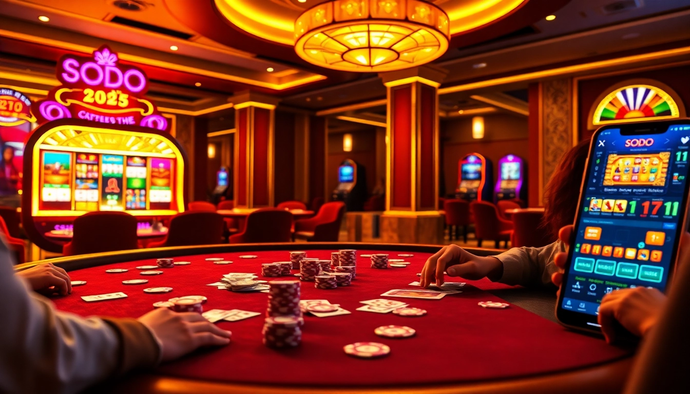 SODO Casino scene with high-stakes poker action and modern slot machines.