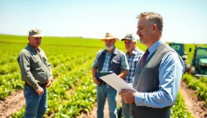 Agriculture law attorney provides legal advice on a farm, supporting local farmers' interests.