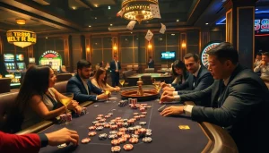 Engaged players using TR88-themed poker chips during a high-stakes casino poker game.