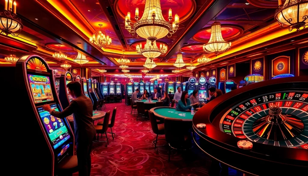 Experience the excitement of NOHU90 at a lavish casino, featuring colorful slot machines and lively poker tables.