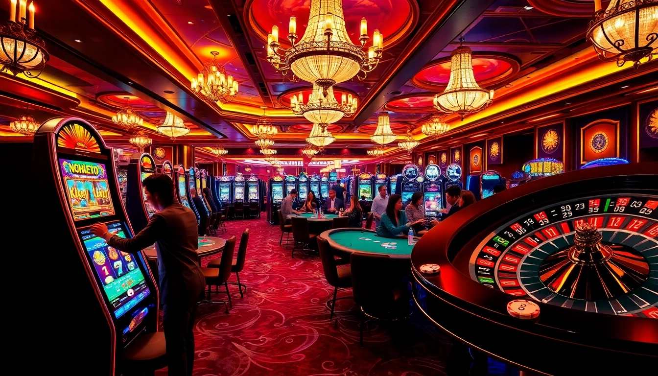Experience the excitement of NOHU90 at a lavish casino, featuring colorful slot machines and lively poker tables.