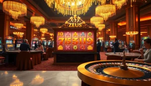 Spin the Slot Zeus machine amidst a dazzling casino atmosphere filled with excitement.