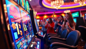 Permainan slot depo 1k dengan mesin slot berkilau dan pemain merayakan kemenangan.