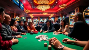 Experience the excitement of winning at 56 WIN casino with lively gaming tables and players.