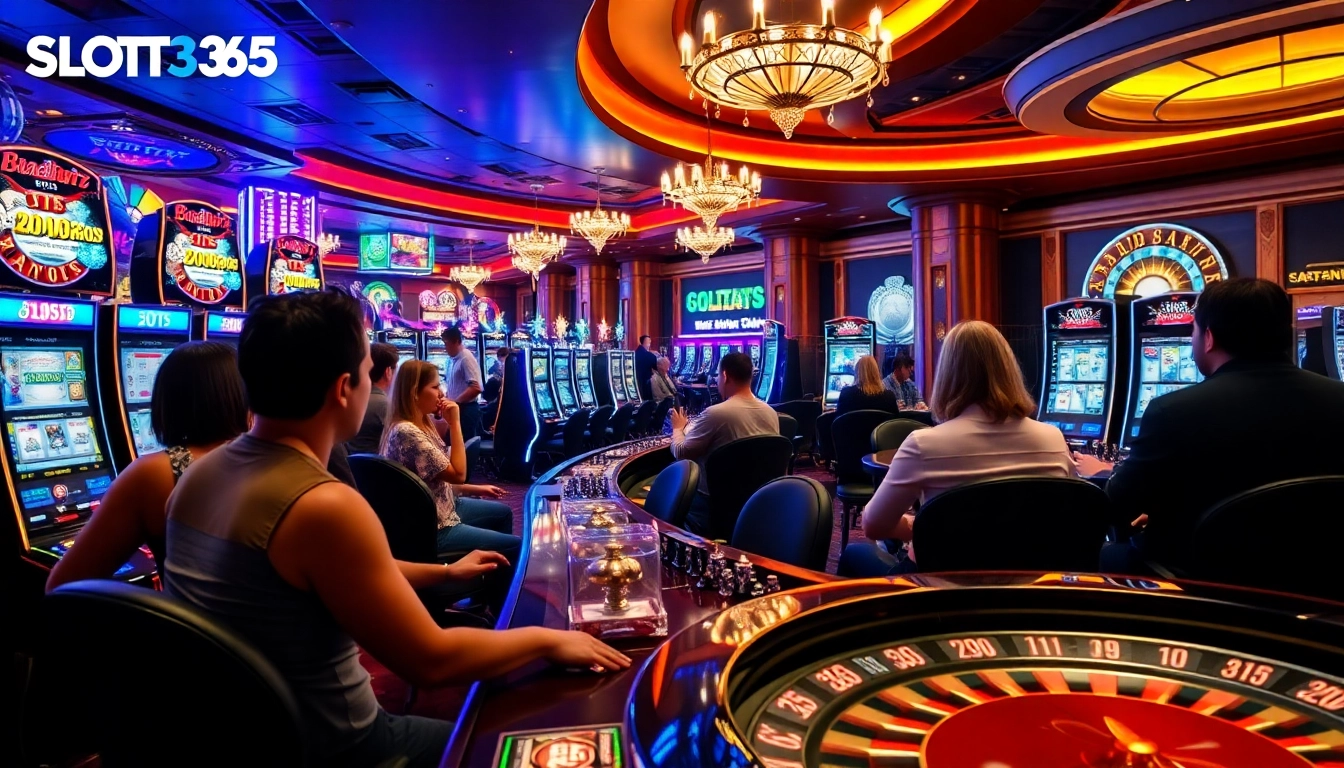 Captivating scene of players at SLOT365, engaging with slot machines and gambling tables.