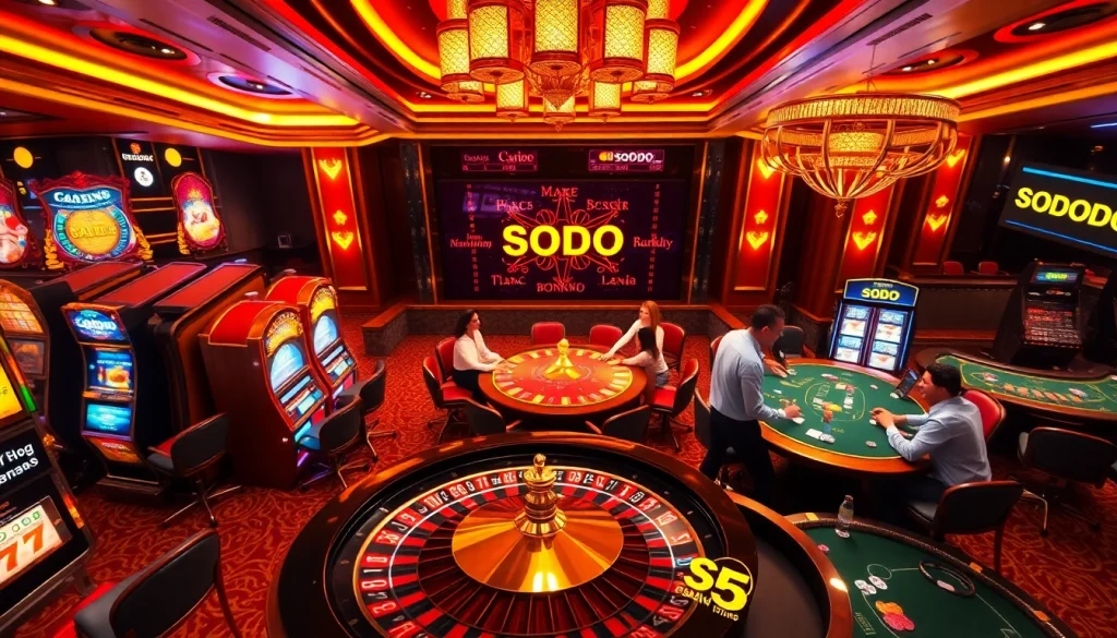 SODO Casino gaming scene showcasing players engaged at a roulette and poker table.