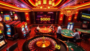 SODO Casino gaming scene showcasing players engaged at a roulette and poker table.