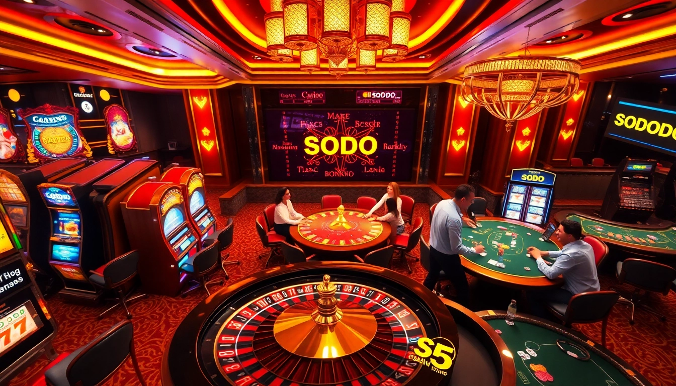 SODO Casino gaming scene showcasing players engaged at a roulette and poker table.