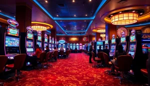 Rasakan sensasi Slot Depo 5K dengan mesin slot yang berwarna-warni dan pemain yang antusias di kasino mewah.