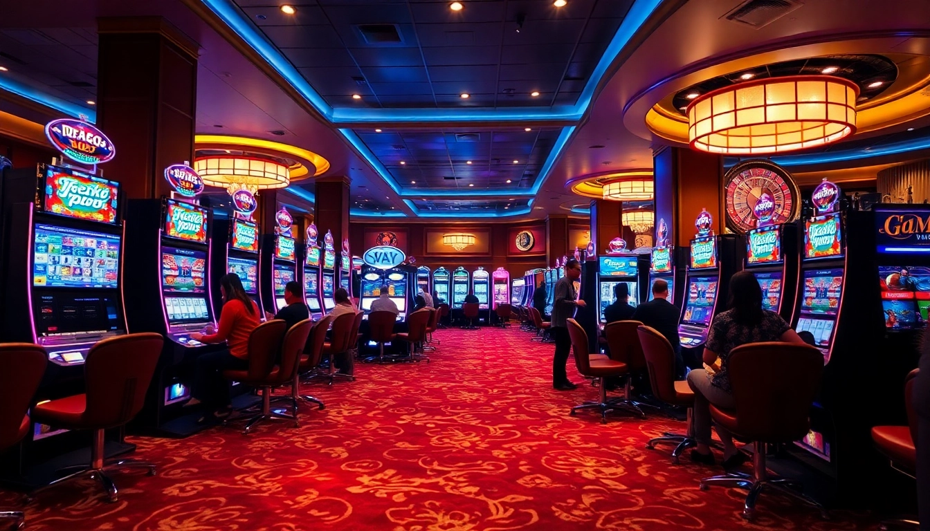 Rasakan sensasi Slot Depo 5K dengan mesin slot yang berwarna-warni dan pemain yang antusias di kasino mewah.