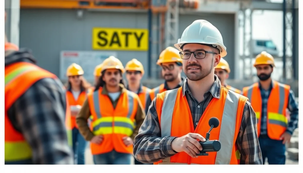 Implementing construction safety programs with diligent workers on site wearing safety gear.