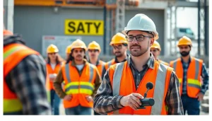 Implementing construction safety programs with diligent workers on site wearing safety gear.