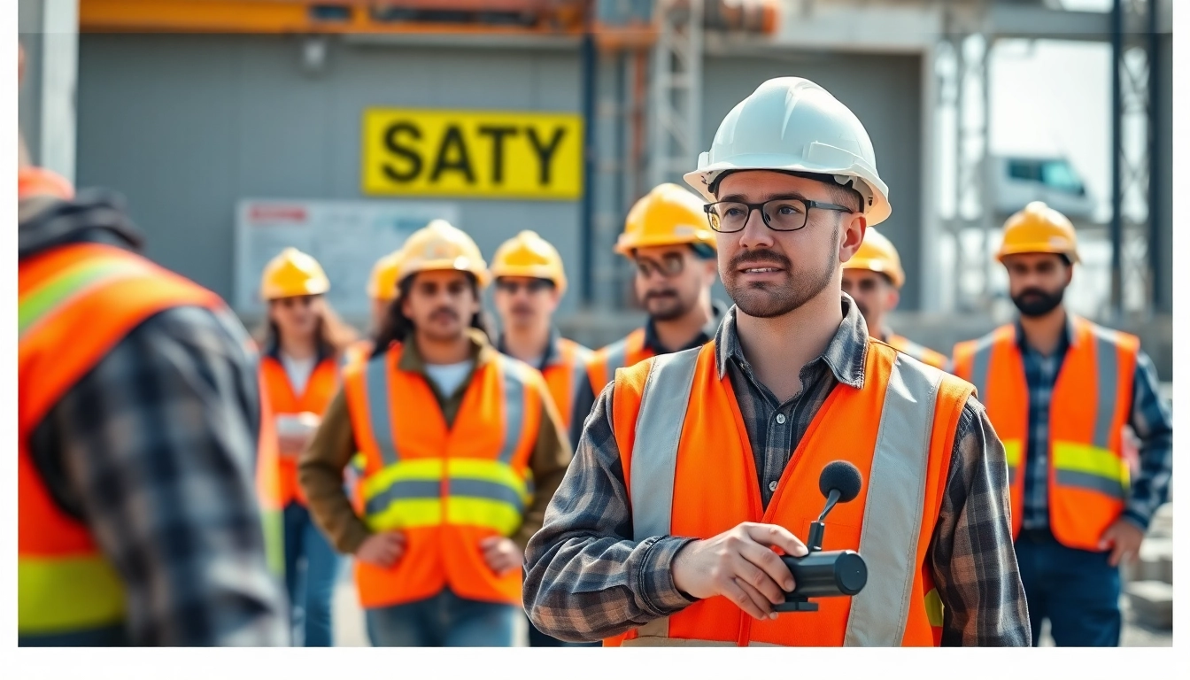 Implementing construction safety programs with diligent workers on site wearing safety gear.