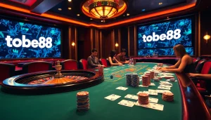 Join the thrilling action at tobet88, where poker players engage at a vibrant table in a luxurious casino setting.