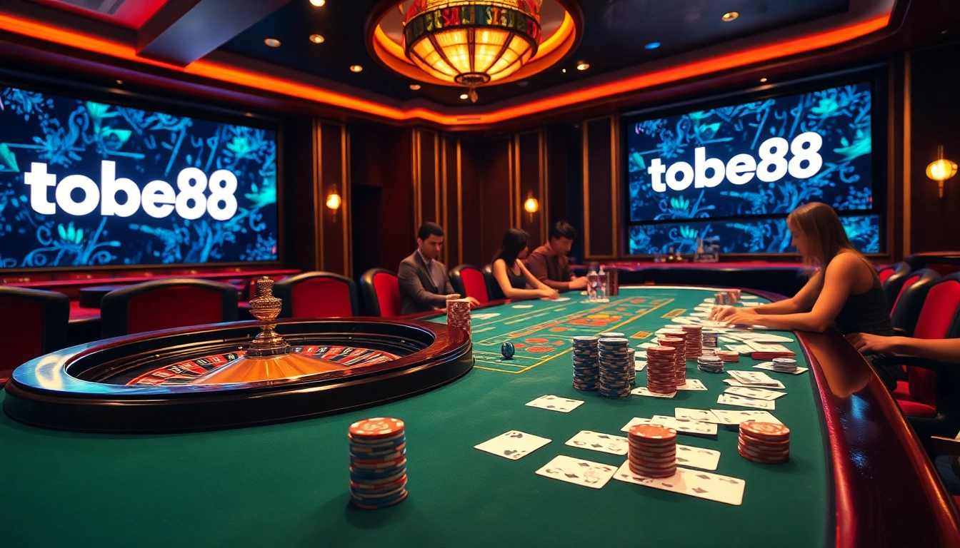 Join the thrilling action at tobet88, where poker players engage at a vibrant table in a luxurious casino setting.
