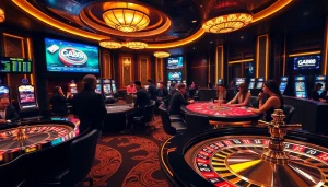 Experience high-stakes excitement at GA888 with players at poker tables and a spinning roulette.