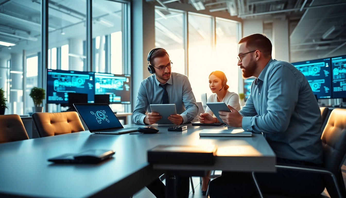 Managed it provider team collaborating in a modern office setting, showcasing teamwork and technology.