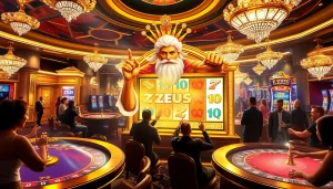 Rasakan permainan Slot Zeus yang menarik dengan para penjudi yang terlibat dalam suasana kasino yang hidup.