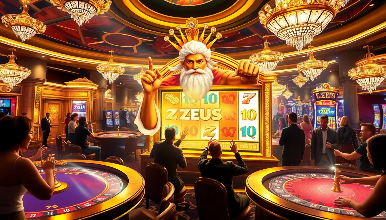 Rasakan permainan Slot Zeus yang menarik dengan para penjudi yang terlibat dalam suasana kasino yang hidup.