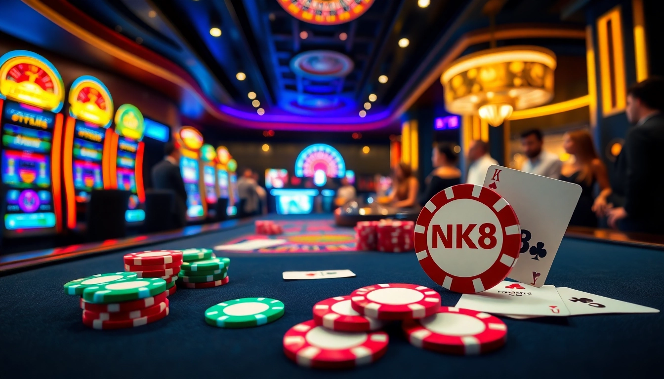 Join the excitement of NK88 gaming at a luxurious casino environment with poker and slot machines.