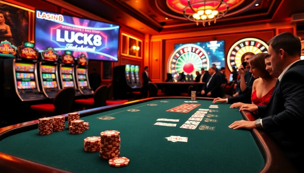 Trải nghiệm cảm giác cược đầy kịch tính với LUCK8 và LUCKY8 tại bàn casino sang trọng, đầy chip nhiều màu và bộ bài.