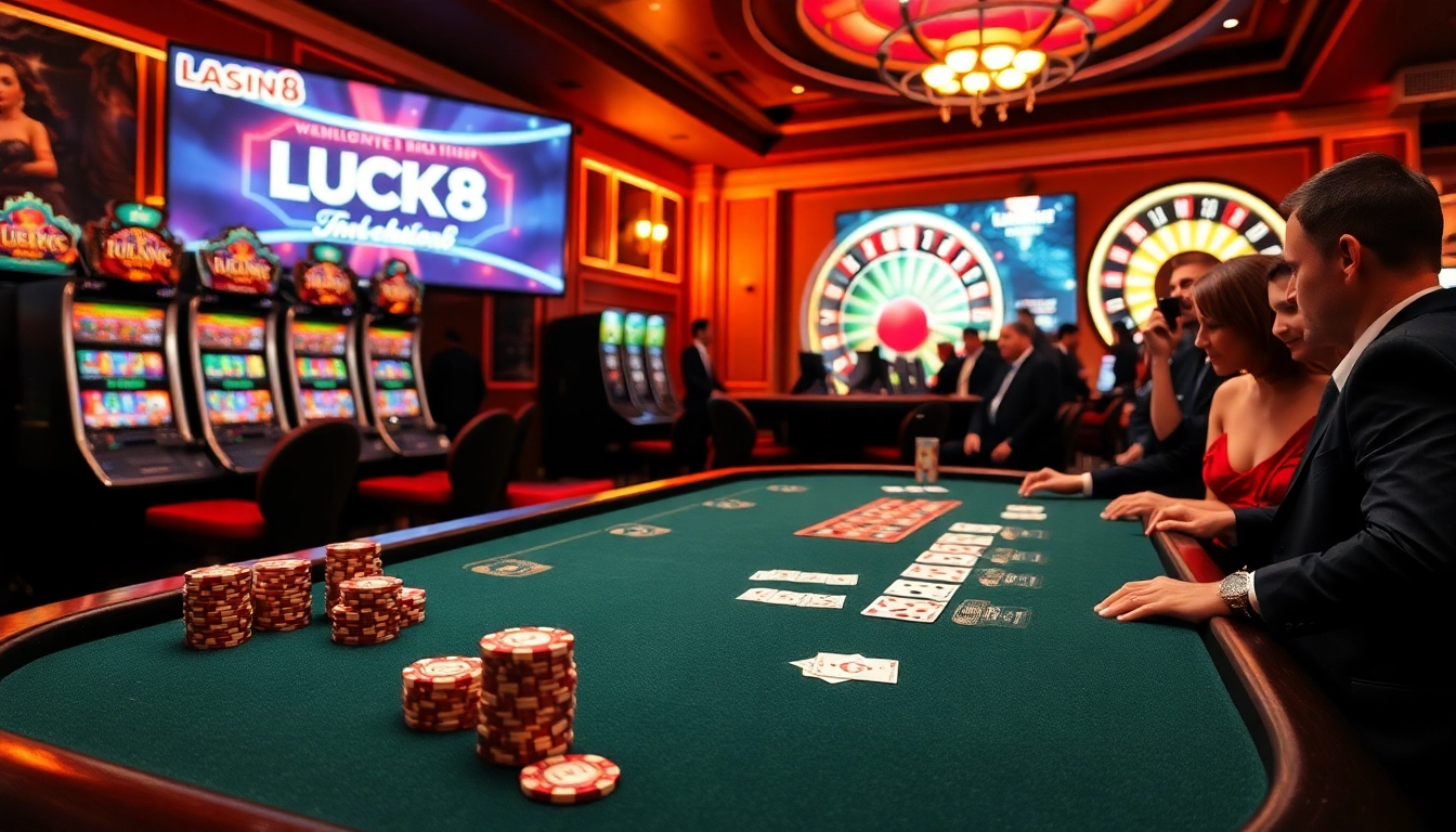 Trải nghiệm cảm giác cược đầy kịch tính với LUCK8 và LUCKY8 tại bàn casino sang trọng, đầy chip nhiều màu và bộ bài.
