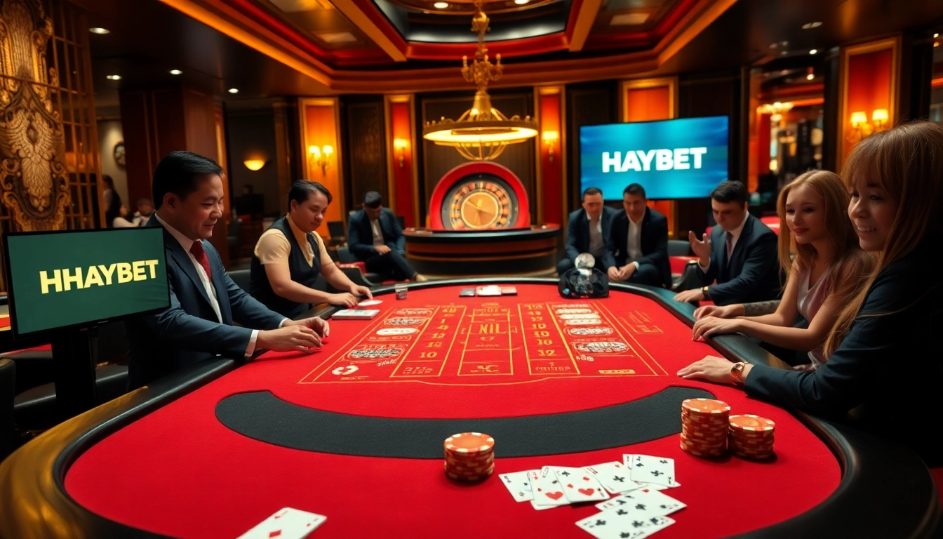 Players enjoying an exciting baccarat game at HAYBET's luxurious casino.