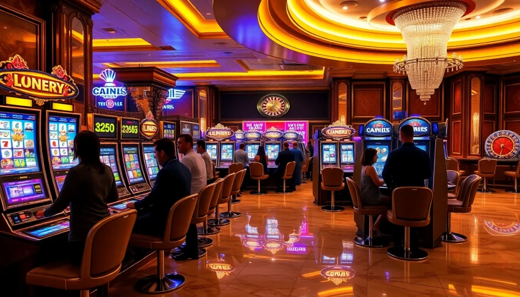 Experience excitement in a luxurious casino scene with players at idn slot machines, capturing thrilling winning moments.