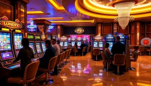 Experience excitement in a luxurious casino scene with players at idn slot machines, capturing thrilling winning moments.