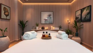 차분한 스파 분위기 속에서 마사지 테이블과 차분한 장식이 어우러진 수원출장마사지 체험.
