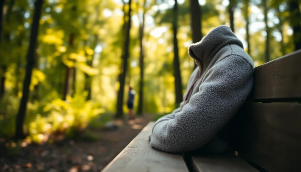 Geodkope fleece op een houten bankje in een rustige bossetting.