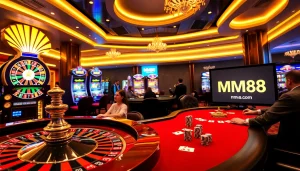 Engage in thrilling gameplay at mm88.com with a vibrant casino scene featuring roulette and slots.