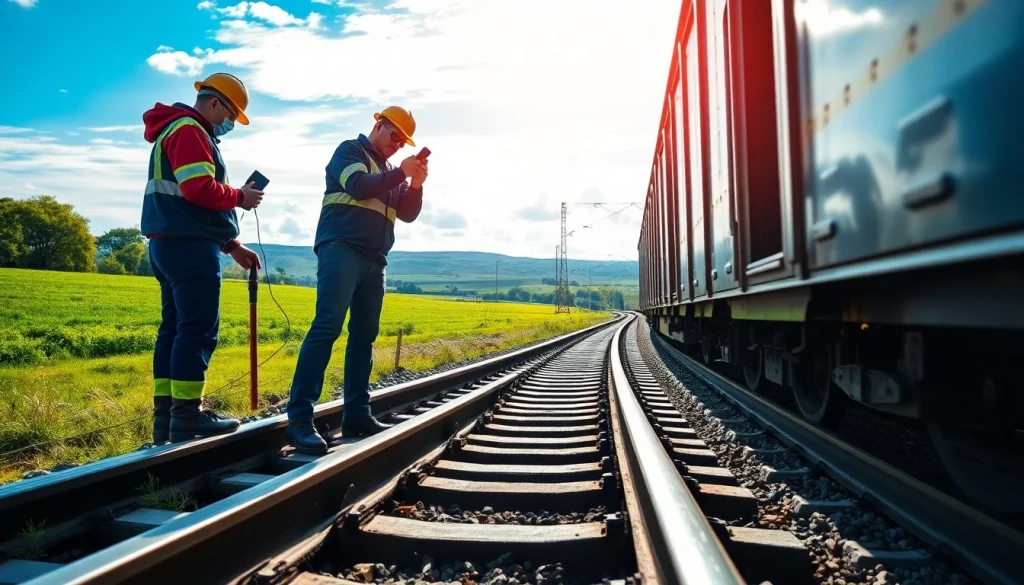 Workers performing railroad maintenance on a track, ensuring safety and reliability.