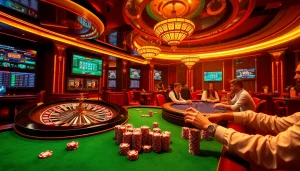 Experience thrilling gameplay at cm88 with a luxurious casino setting featuring poker tables and roulette.