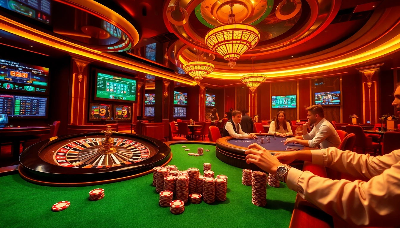 Experience thrilling gameplay at cm88 with a luxurious casino setting featuring poker tables and roulette.